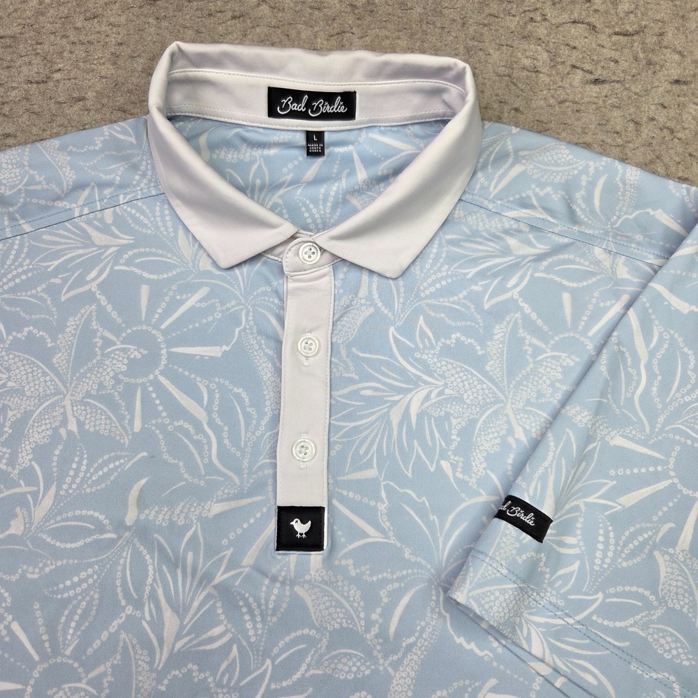 Bad Birdie Golf Polo Shirt Mens L Light Blue White Floral Tropical Performance